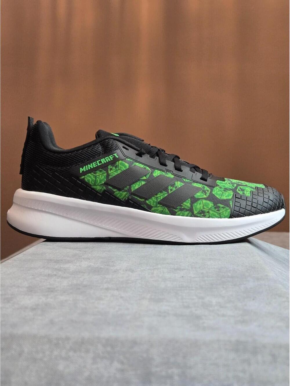 adidas x Minecraft Fortarun J Collab, Size 7Y 8W, JR1932 "Minecraft Black" Green